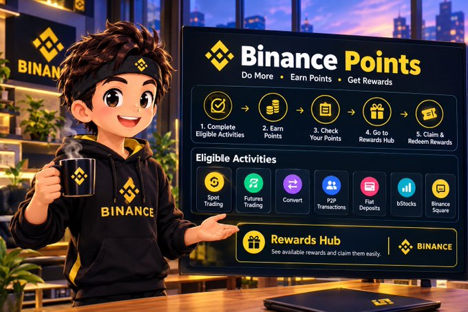 A promotional graphic featuring a cartoon character in a Binance hoodie holding a mug next to a screen displaying 'Binance Points - Do More, Earn Points, Get Rewards' with eligible activities including Spot Trading, Futures Trading, and Binance Square.