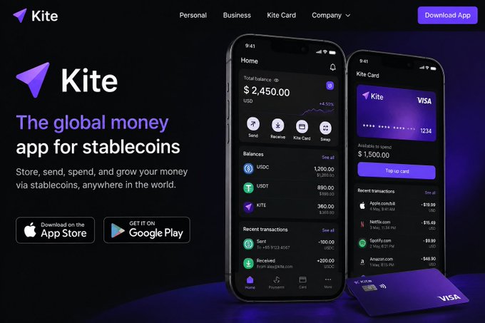 A promotional banner for the 'Kite' app advertises it as 'The global money app for stablecoins' alongside mobile screenshots and a Visa debit card.