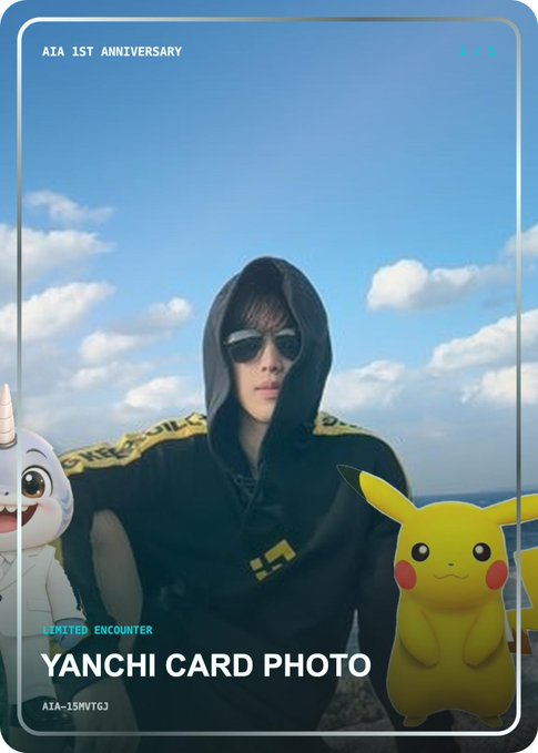 A photo styled as a trading card titled 'YANCHI CARD PHOTO' featuring a hooded person with sunglasses against a sky background, flanked by Pokémon characters on the sides, with text reading 'AIA 1ST ANNIVERSARY' and 'AIA-15NWT6J'.