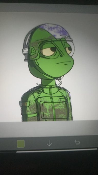 A digital illustration of a green alien-like character wearing a space suit with a helmet and visor, displayed on what appears to be a digital screen.