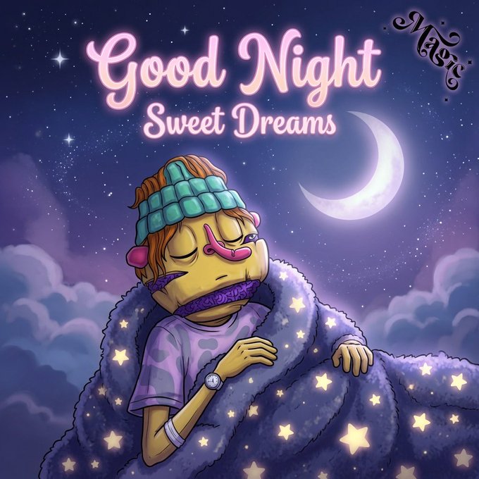 'Good Night Sweet Dreams' illustration showing a cartoon character with orange hair, a blue sleeping mask, and purple lips sleeping under a starry blanket with a crescent moon.