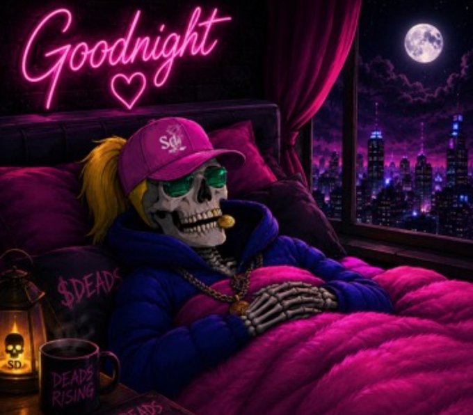 A digital illustration of a skeleton wearing a pink cap, green sunglasses, and a blue hoodie relaxing in bed under pink covers, with a neon 'Goodnight' sign and a city skyline with a full moon visible through the window. A coffee mug reads 'DEAD'S RISING' and a lantern displays an 'SD' skull logo.