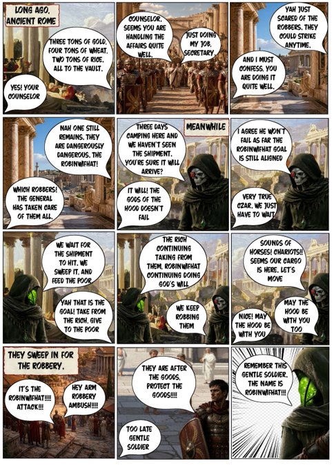 A multi-panel comic set in Ancient Rome featuring two hooded, green-glowing thieves planning to ambush a Robin Hood-style soldier carrying goods.