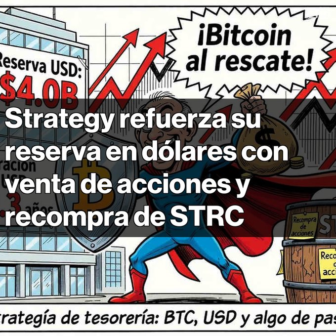 Comic-style graphic in Spanish with a superhero figure, Bitcoin logo, and text reading '¡Bitcoin al rescate!' and 'Strategy refuerza su reserva en dólares con venta de acciones y recompra de STRC', noting a $4.0B USD reserve and 'Estrategia de tesorería: BTC, USD y algo de pas'.