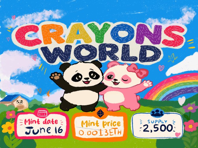 The focus of this image appears to be on a painting of panda bears, which are situated near a rainbow in front of houses. These two cute panda bear characters are surrounded by various colorful flowers blooming around them, creating a lively scene. Beneath these adorable illustrations, there's some text that says "The checker will be ready on Monday", but the real work starts post-mint. The caption also mentions a supply of 2,500 Mint Price and an Ethereum platform for trading called @OpenSea. The main content of this image is related to crayons world as it features a painting with panda bears and the theme of crayons.