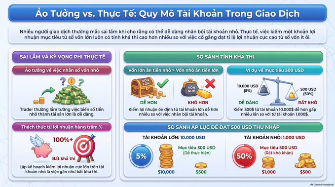 An infographic in Vietnamese titled 'Ảo Tưởng vs. Thực Tế: Quy Mô Tài Khoản Trong Giao Dịch' comparing misconceptions versus reality in trading account sizes.