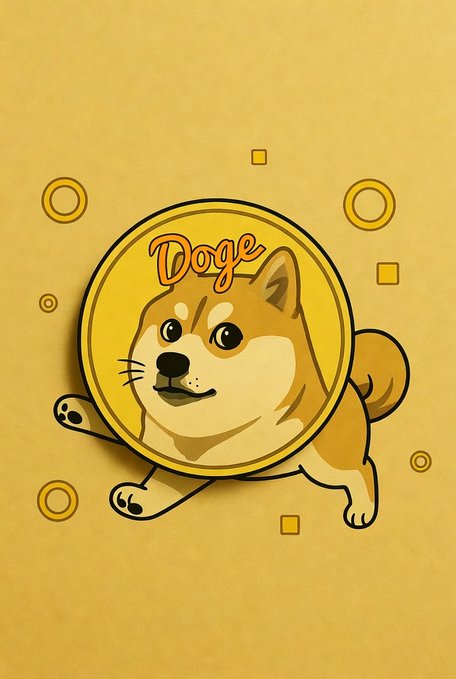 An illustration featuring a Shiba Inu dog (Doge) merged with a gold coin labeled 'Doge', set against a yellow background with circular accents.