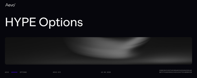 The image shows a black and white poster for a cryptocurrency called "HYPE Options" that has been live since May 20, 2020. The poster displays various options available for trading, including calls and puts with multiple strikes per expiry, tenors from 0DTE out to end of July, and a limit order book listing the market and limit orders. The poster also includes a list of the first options chain listed beyond BTC and ETH.
