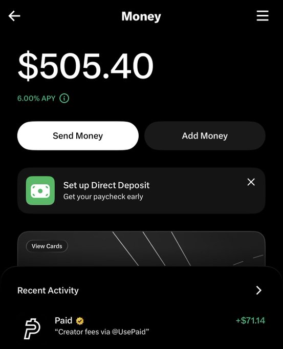 The image shows a mobile banking app screenshot displaying a balance of $505.40 with a recent activity entry showing a payment of +$71.14 from "Creator fees via @UsePaid."

This directly supports the post by visually confirming the $70 payment the user mentioned, showing it as +$71.14 deposited into their account from the @UsePaid platform.