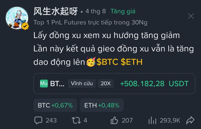 A Twitter/X post by user '风生水起呀' claiming Top 1 PnL Futures in 30 days, showing a coin flip prediction resulting in a bullish call for BTC and ETH, with BTC up 0.67% and ETH up 0.48%, plus a futures PnL of +508,182.28 USDT on MEXC.