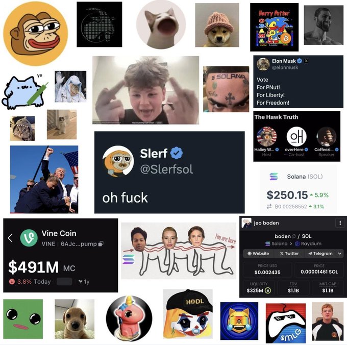 A chaotic collage of internet meme images, celebrity photos, cryptocurrency tickers (Vine Coin at $491M, Solana at $250.15), and a prominent 'Slerf @Slerfsol oh fuck' tweet.
