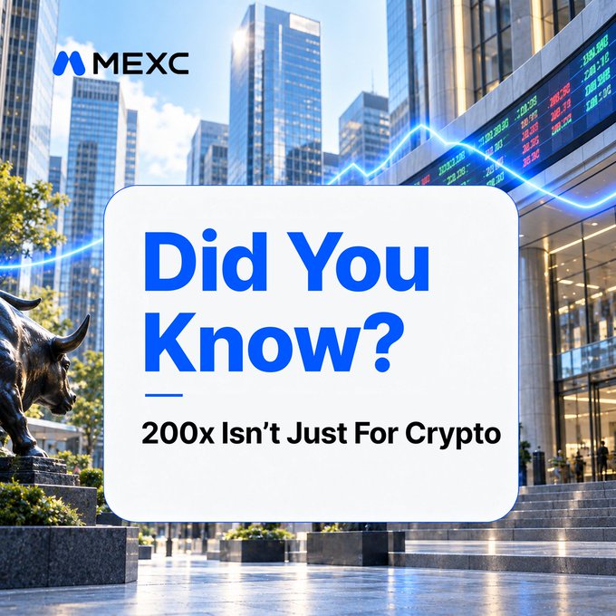 A promotional graphic featuring the MEXC logo in the top-left corner, with bold blue and black text on a white card reading "Did You Know? — 200x Isn't Just For Crypto," set against a backdrop of modern city skyscrapers, a bull statue, and an upward-trending stock market ticker board, visually reinforcing the caption's message that MEXC's 200× leverage extends beyond crypto to selected stock futures.