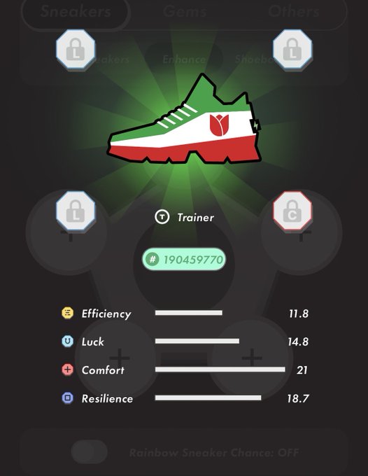 The image shows a shoe with a green, red, white, and black color scheme. It appears that there are four different types of shoes displayed, each with unique features or designs. The shoe has a distinct pattern resembling an Iran flag on its side. The text "Rainbow Sneaker Chance" is also present in the image.