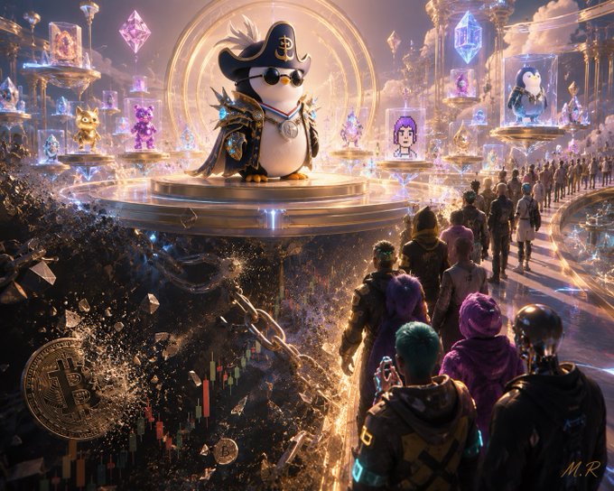 Digital artwork featuring a penguin wearing a pirate hat and gold armor on a pedestal, surrounded by NFT avatars and a crowd of onlookers, with Bitcoin imagery in the foreground.