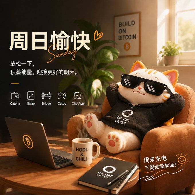 A Chinese promotional graphic featuring a cat plushie wearing pixel sunglasses lounging in a chair, with text '周日愉快 Sunday' and 'BUILD ON BITCOIN', alongside icons for Catena, Swap, Bridge, Catgo, and ChatApp, and a laptop with a Bitcoin logo.