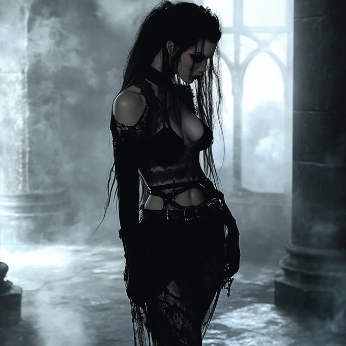 A woman with long dark hair poses in a gothic-style setting, wearing a black lace dress with cutouts and a choker, her head bowed against a backdrop of stone columns and mist. The moody atmosphere matches the caption's "QT Her" vibe, emphasizing dark, edgy beauty.