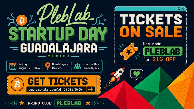 A promotional graphic advertises "PlebLab Startup Day Guadalajara, México" on Friday, August 21, 2026, offering 21% off tickets with the promo code "PLEBLAB".