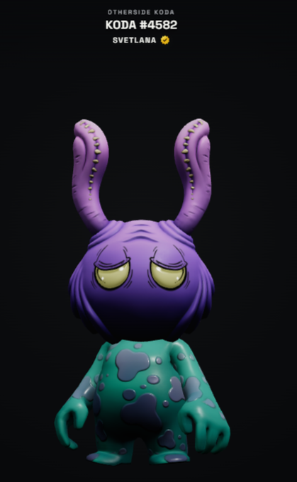 A 3D rendered character labeled 'OTHERSIDE KODA #4582 SVETLANA' featuring a purple creature with tall ears and a teal body covered in dark spots.