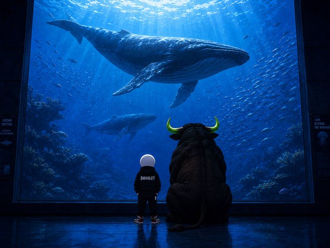 A person with "$MANLET" on their jacket and a bull with golden horns look out at whales in a large aquarium. The image reflects the post's sentiment about "whales" in the stock market potentially "fading" or decreasing in value.