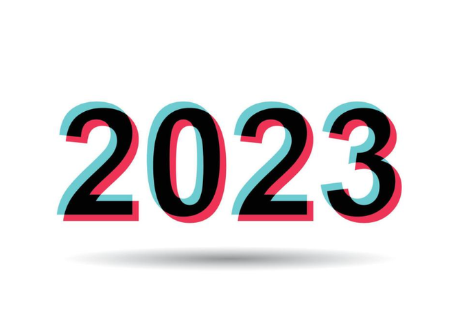 A stylized graphic displaying the year '2023' with a 3D glitch effect in black, cyan, and red colors.