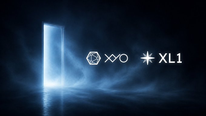 A glowing portal opens into misty darkness alongside the XYO and XL1 logos, visually framing the teaser about upcoming major news and a partnership with a leading crypto player expected to be revealed next week.