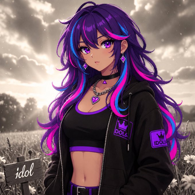 Anime-style illustration of a girl with long purple hair streaked with pink and blue, wearing a black jacket with 'IDOL' patches, a black crop top, and heart-shaped jewelry, standing in a field.