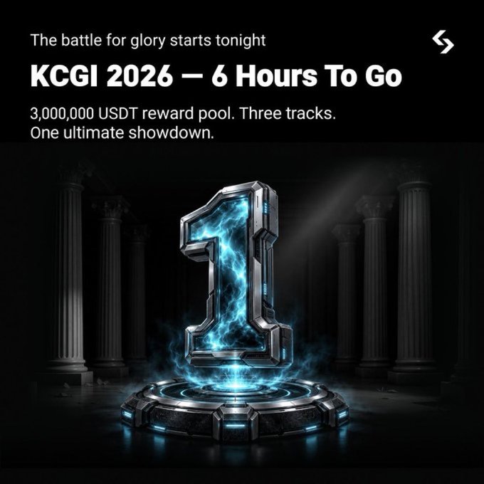 A promotional graphic reading 'The battle for glory starts tonight - KCGI 2026 — 6 Hours To Go - 3,000,000 USDT reward pool. Three tracks. One ultimate showdown.' featuring a glowing blue number 1 on a pedestal between classical columns.