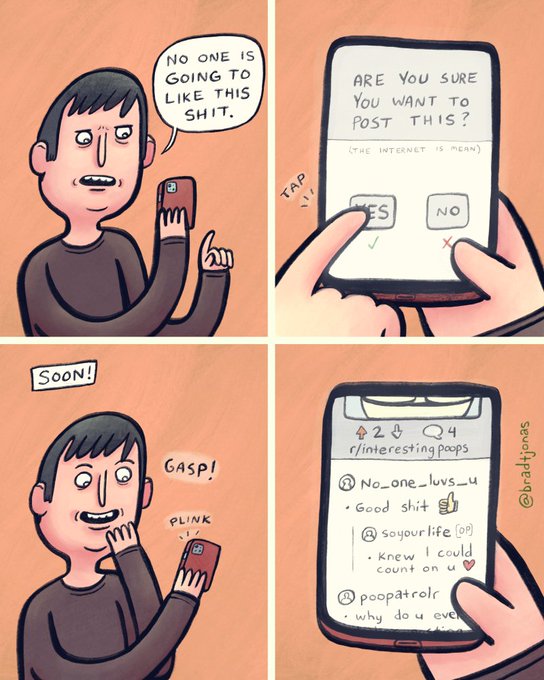 A four-panel comic by @bradjonas shows a man posting on social media despite warnings it might be mean, then excitedly checking his notifications.