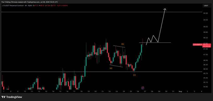A TradingView 4-hour candlestick chart of LTC/USDT Perpetual Contract shows price action around $48.22 with a bullish W-pattern (a)-(b)-(c) marked, suggesting a potential breakout setup where the post advises waiting for confirmation ("flip") before entering long positions.