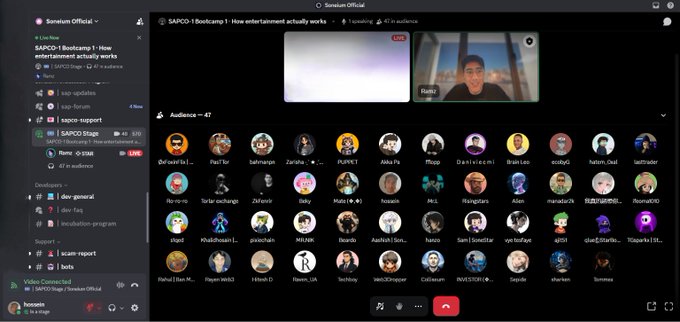 A screenshot of a Sonium Official live stream session titled 'SAPCO-1 Bootcamp 1', showing a video call with multiple participants displayed in a grid of profile icons.