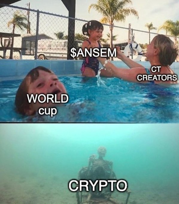 A two-panel meme contrasting kids playing in a pool labeled with crypto creators ($ANSEM, CT CREATORS, WORLD cup) above water, with a skeleton underwater labeled 'CRYPTO'.