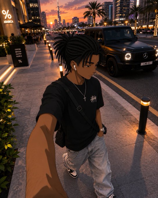 An anime-style illustration shows a young man with dreadlocks wearing a Stüssy t-shirt, holding a camera and taking a selfie in a city at sunset, with a black Mercedes G-Wagon parked behind him.