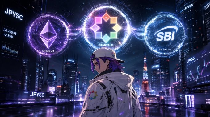 An anime-style character overlooking a futuristic Tokyo skyline at night, with floating holographic screens showing Ethereum, Startale, and SBI logos alongside JPysc stock ticker data (+2.35%, 24,750.36).