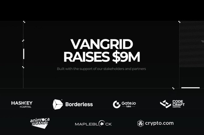 Announcement that 'VANGRID RAISES $9M' with the support of partners including HashKey Capital, Borderless, Gate.io Labs, CodeCraft Capital, Animoca Brands, MapleBlock, and Crypto.com.