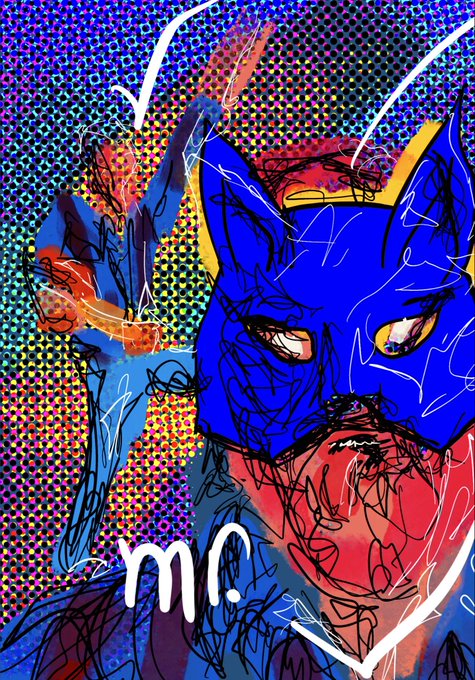 A vibrant, pop-art style digital illustration of a blue fox-like character wearing a mask, set against a colorful halftone dot background with the letters "me" written in white.