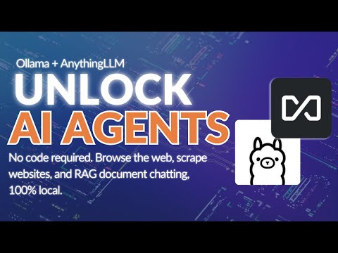 Promotional graphic for Ollama + AnythingLLM with text 'UNLOCK AI AGENTS' and 'No code required. Browse the web, scrape websites, and RAG document chatting, 100% local.' alongside a Llama logo.