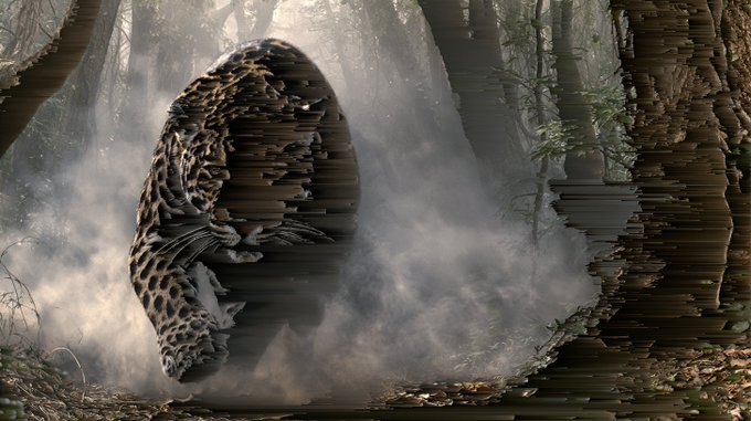 A misty, atmospheric photograph of a leopard partially camouflaged behind a structure of stacked, jagged stones in a forest setting.