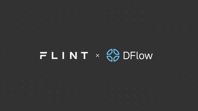A dark promotional graphic displaying the logos 'FLINT × DFlow' in white and blue text against a textured dark background.