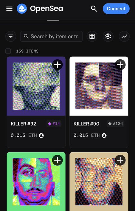 A screenshot of the OpenSea NFT marketplace mobile interface displaying pixel art NFT listings, including items titled 'KILLER #92' and 'KILLER #90' priced at 0.015 ETH each.
