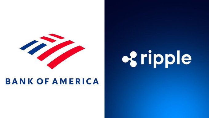 The image shows the Bank of America logo on the left alongside the Ripple logo on the right, visually reinforcing the post's claim about Bank of America's significant involvement with Ripple's treasury liquidity and the XRP Bull ($XRPB) token.