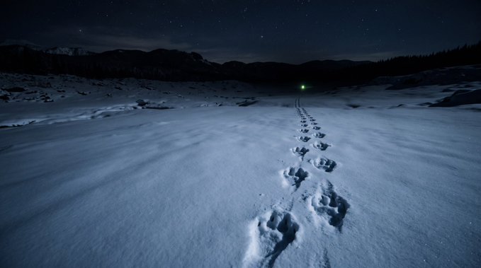 A nighttime snowy landscape features a trail of large footprints leading toward a distant green light, with dark mountains and a starry sky in the background.