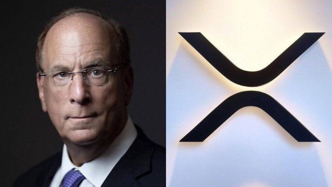 This image shows Larry Fink of BlackRock next to the XRP logo, hinting at a potential BlackRock spot XRP ETF filing rumored for tomorrow. The post aims to generate excitement about the potential impact on $XRP's price.