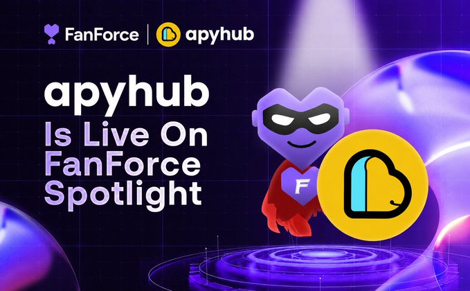 The image is a promotional graphic announcing "apyhub is Live On FanForce Spotlight," featuring the FanForce heart-masked mascot alongside the apyhub cloud logo against a purple, futuristic background. The graphic visually reinforces the post's theme by framing apyhub as a spotlighted tool for quantifying social capital and tracking conviction-based credibility in Web3 communities.
