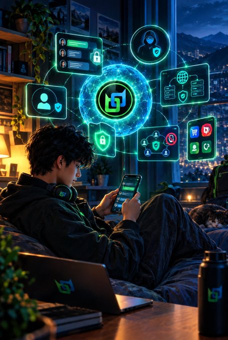 A digital art illustration of a young person using a smartphone in a room at night, surrounded by floating holographic screens displaying security and networking icons.