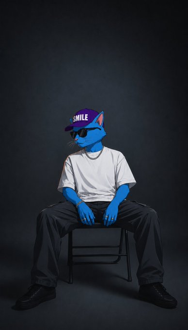 An artistic illustration of a blue anthropomorphic cat character wearing sunglasses, a purple cap reading 'SMILE', a white t-shirt, and black pants, sitting on a stool.
