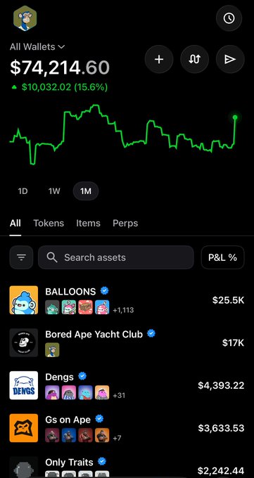 A crypto wallet app showing a portfolio value of $74,214.60 with a 15.6% gain, displaying NFT holdings including BALLOONS, Bored Ape Yacht Club, DENGs, Gs on Ape, and Only Traits.