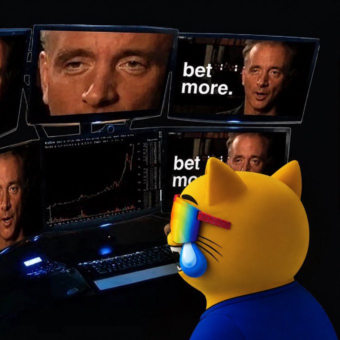 A yellow cat emoji wearing rainbow shutter shades cries a blue tear while looking at multiple monitors displaying a man and the text 'bet more.'