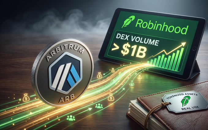 A promotional graphic shows an Arbitrum (ARB) coin beside a tablet displaying 'Robinhood DEX VOLUME > $1B' with rising green bars, money bags, and a 'TOKENIZED ASSETS' wallet labeled 'REAL USE'.