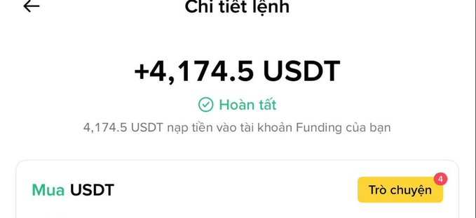 A mobile app transaction confirmation screen in Vietnamese showing a completed deposit of +4,174.5 USDT into a Funding account with a "Hoàn tất" (Completed) status.