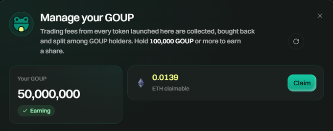 A GOUP management interface shows a user holding 50,000,000 GOUP tokens (marked as "Earning") with 0.0139 ETH claimable, supporting the post's claim that the contract pays out in ETH while allowing for flexibility to support other tokens like stocks or tokens as dividend options.